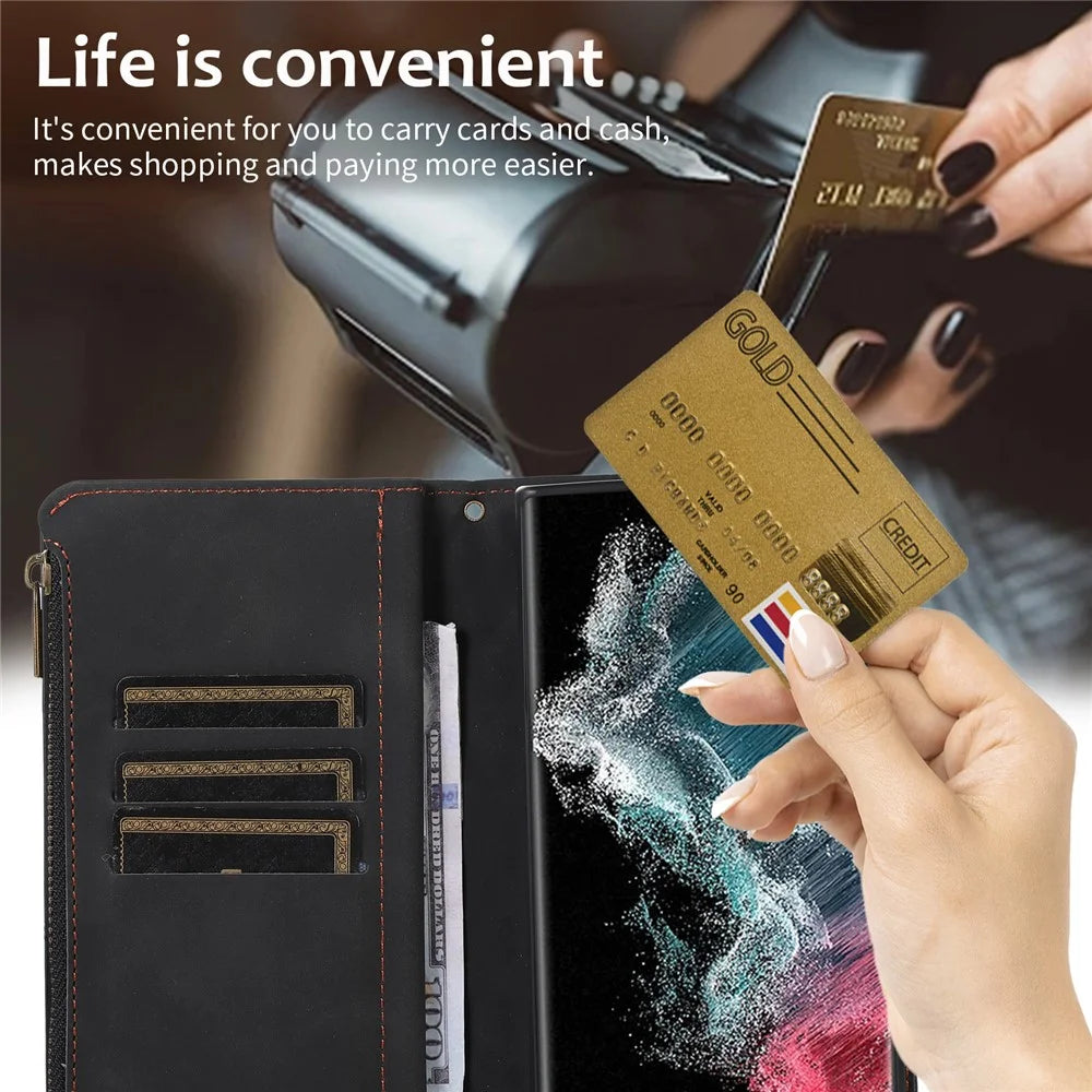 For Samsung Galaxy S25 Ultra Case 9 Card Slots Rhombus Design Leather Phone Cover with Wrist Strap - Black - 7
