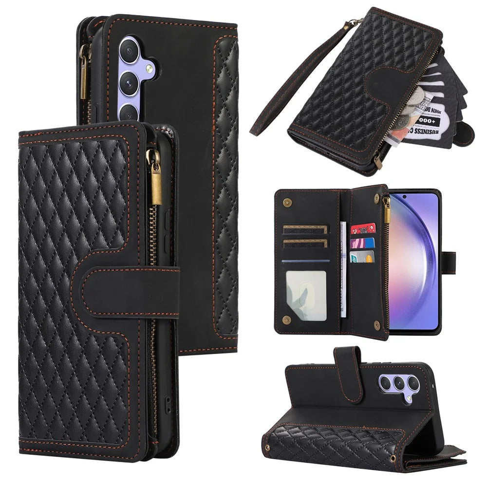 For Samsung Galaxy A16 4G / 5G Case 9 Card Slots Rhombus Design Leather Phone Cover with Wrist Strap - Black - 1