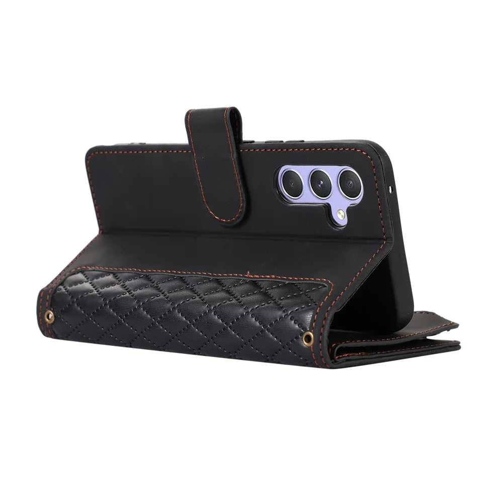 For Samsung Galaxy A16 4G / 5G Case 9 Card Slots Rhombus Design Leather Phone Cover with Wrist Strap - Black - 5