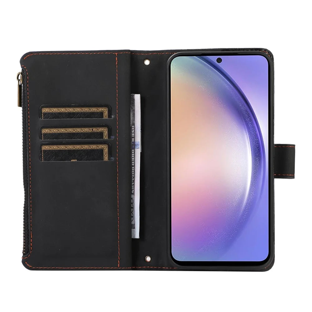 For Samsung Galaxy A26 5G Case 9 Card Slots Rhombus Design Leather Phone Cover with Wrist Strap - Black - 3