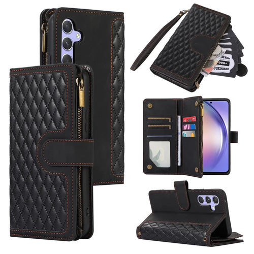 For Samsung Galaxy A36 5G Case 9 Card Slots Rhombus Design Leather Phone Cover with Wrist Strap - Black - 1