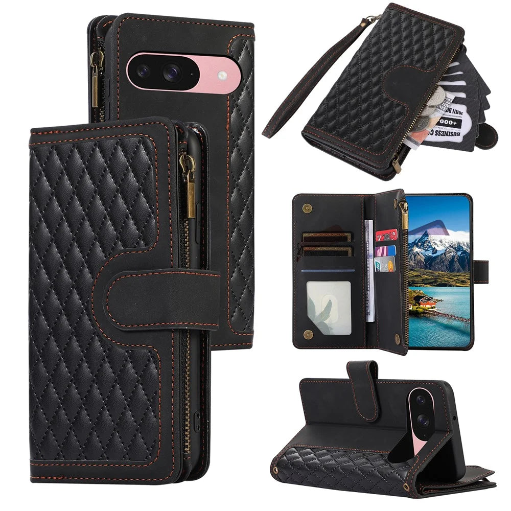 For Google Pixel 9 / 9 Pro Case 9 Card Slots Rhombus Design Leather Phone Cover with Wrist Strap - Black - 1