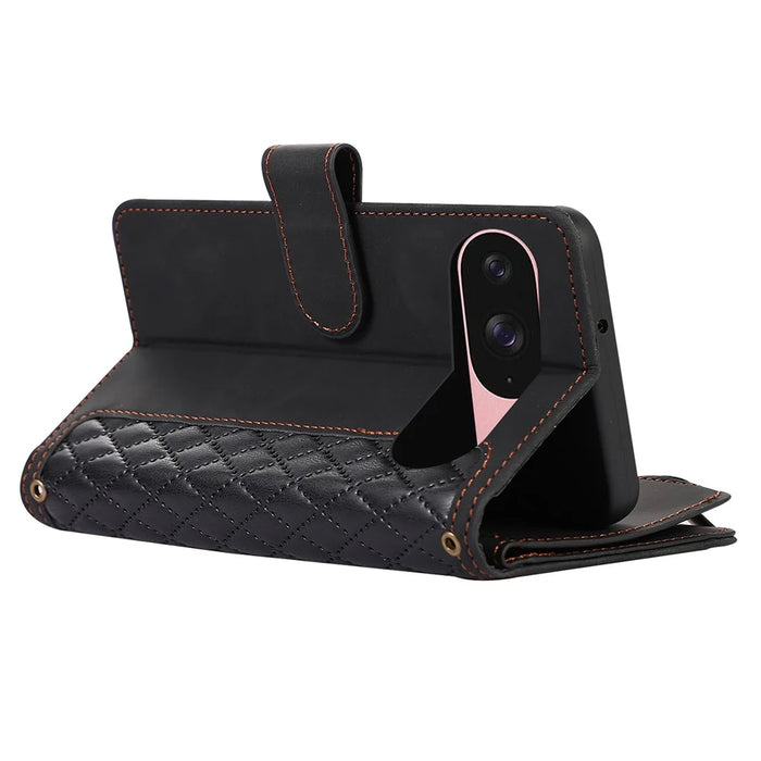 For Google Pixel 9 / 9 Pro Case 9 Card Slots Rhombus Design Leather Phone Cover with Wrist Strap - Black - 5