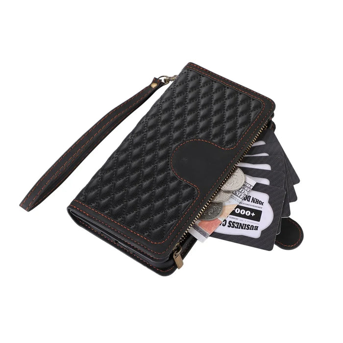 For Google Pixel 9 / 9 Pro Case 9 Card Slots Rhombus Design Leather Phone Cover with Wrist Strap - Black - 6