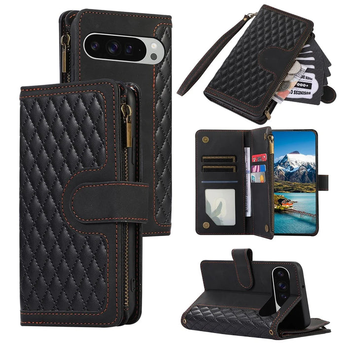 For Google Pixel 9 Pro XL Case 9 Card Slots Rhombus Design Leather Phone Cover with Wrist Strap - Black - 1