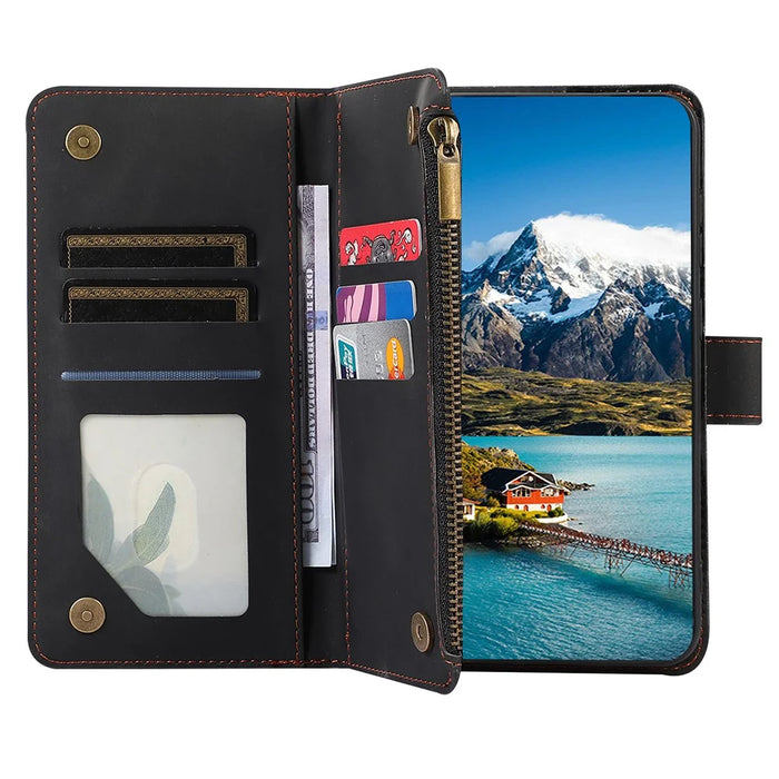 For Google Pixel 9 Pro XL Case 9 Card Slots Rhombus Design Leather Phone Cover with Wrist Strap - Black - 3