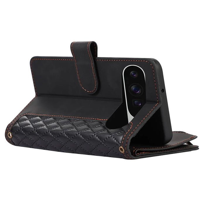 For Google Pixel 9 Pro XL Case 9 Card Slots Rhombus Design Leather Phone Cover with Wrist Strap - Black - 5