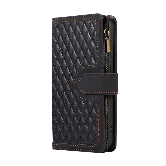 For Google Pixel 9 Pro XL Case 9 Card Slots Rhombus Design Leather Phone Cover with Wrist Strap - Black - 7