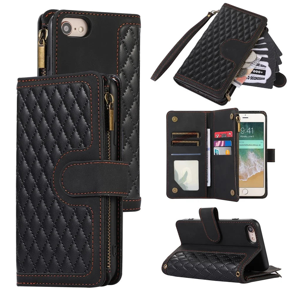 For iPhone 17e / 16e Case 9 Card Slots Rhombus Design Leather Phone Cover with Wrist Strap - Black - 1
