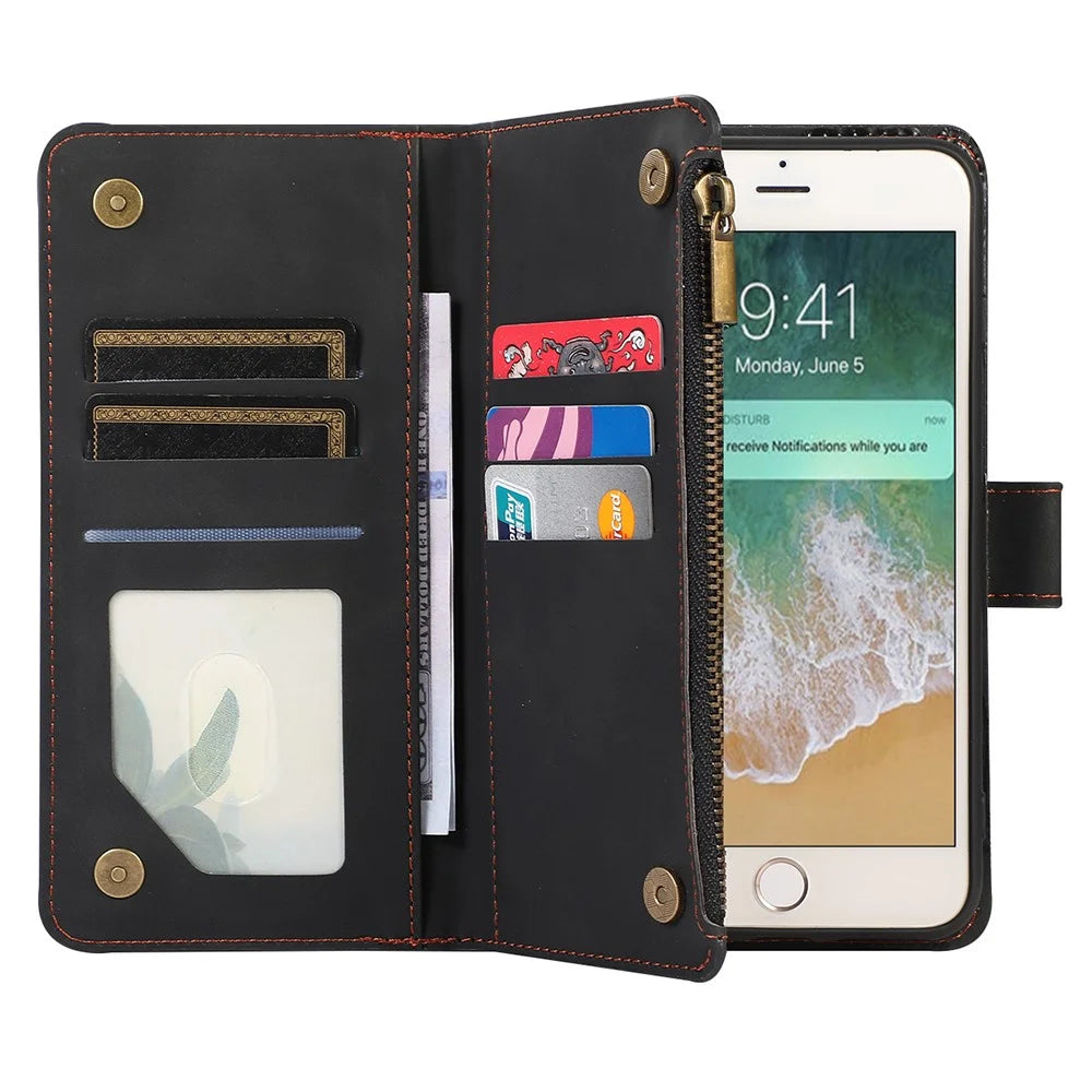 For iPhone 17e / 16e Case 9 Card Slots Rhombus Design Leather Phone Cover with Wrist Strap - Black - 2