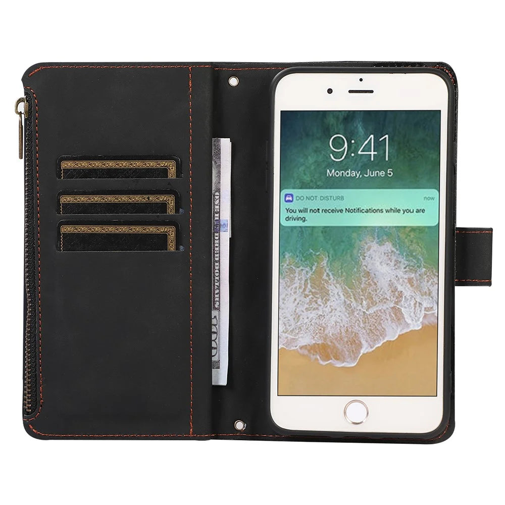 For iPhone 17e / 16e Case 9 Card Slots Rhombus Design Leather Phone Cover with Wrist Strap - Black - 3