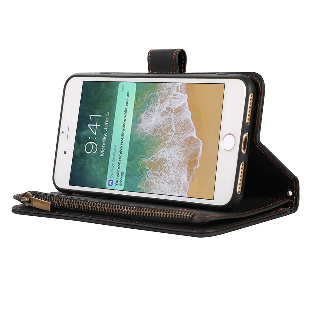 For iPhone 17e / 16e Case 9 Card Slots Rhombus Design Leather Phone Cover with Wrist Strap - Black - 4