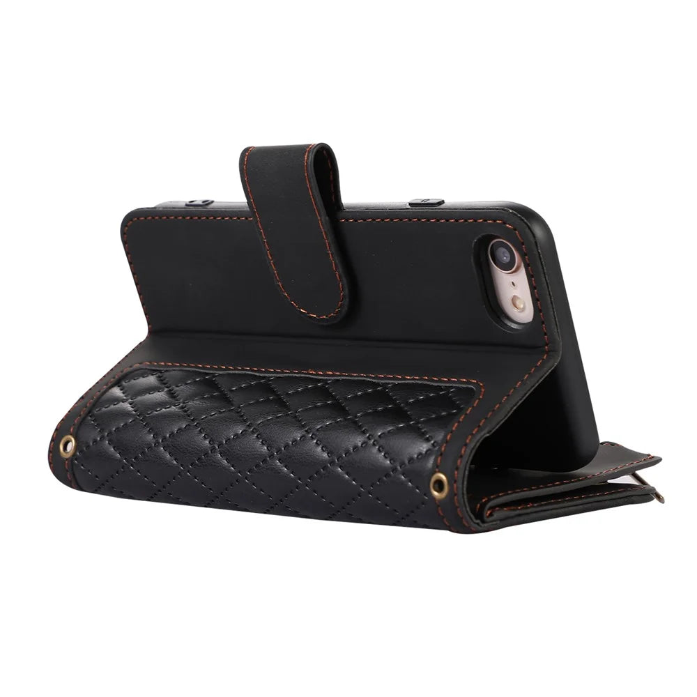 For iPhone 17e / 16e Case 9 Card Slots Rhombus Design Leather Phone Cover with Wrist Strap - Black - 5