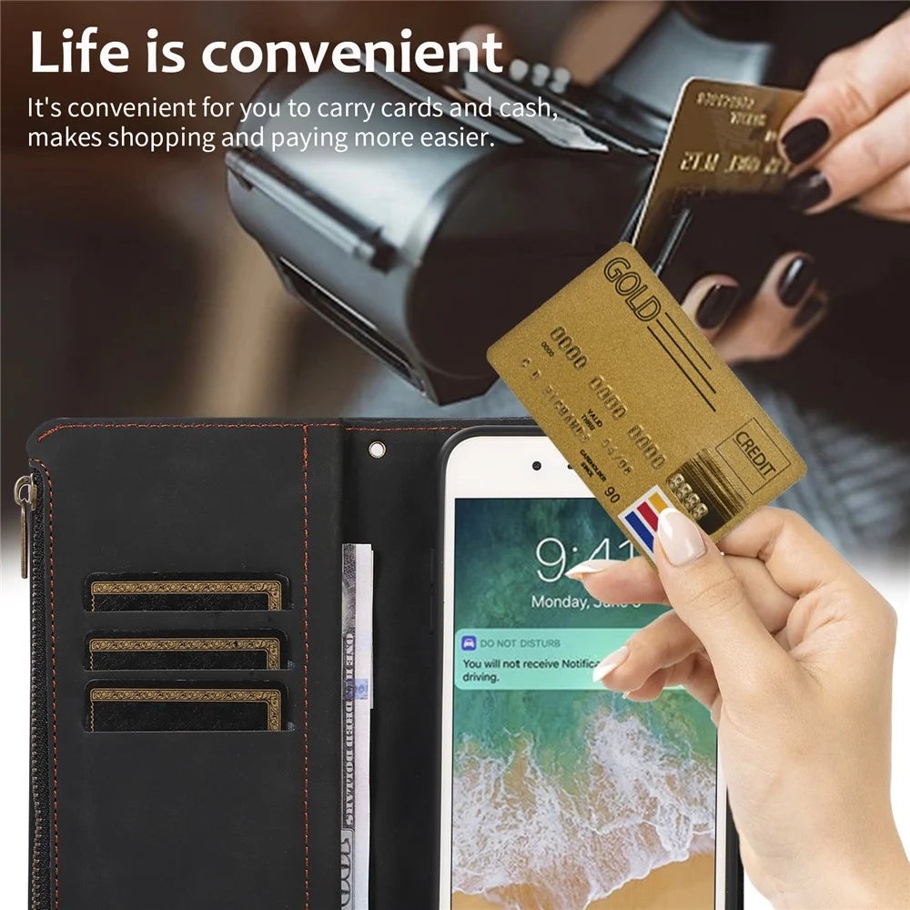 For iPhone 17e / 16e Case 9 Card Slots Rhombus Design Leather Phone Cover with Wrist Strap - Black - 7