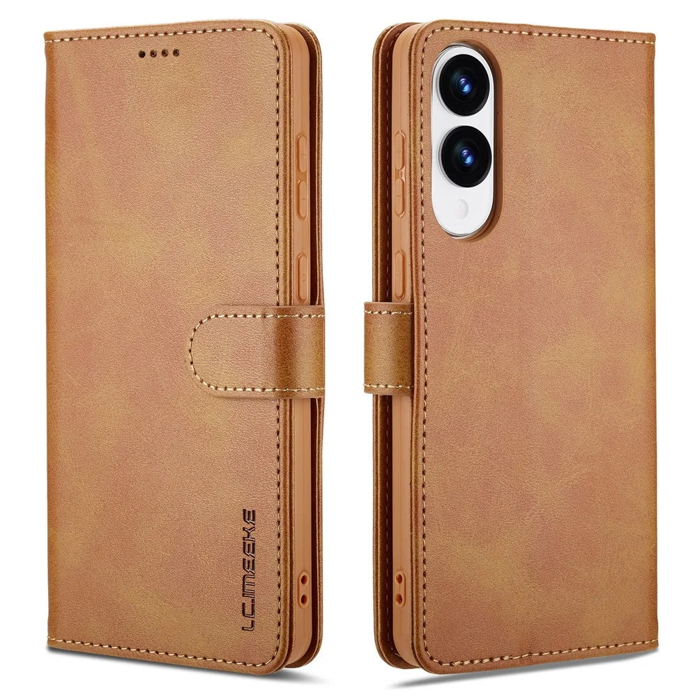 LC.IMEEKE For Samsung Galaxy S25 Edge Case Calf Texture PU Leather Stand Wallet Phone Cover - Yellow - 1