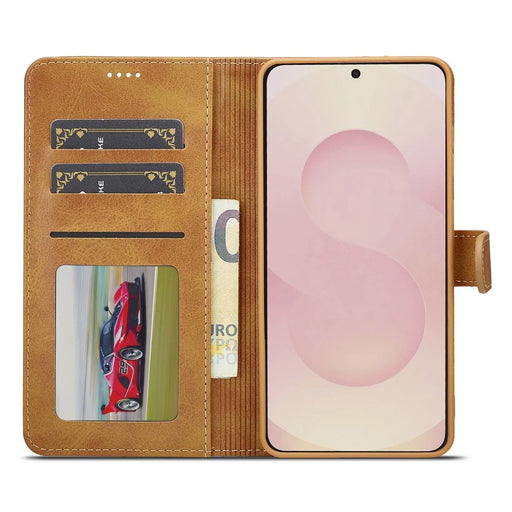 LC.IMEEKE For Samsung Galaxy S25 Edge Case Calf Texture PU Leather Stand Wallet Phone Cover - Yellow - 2