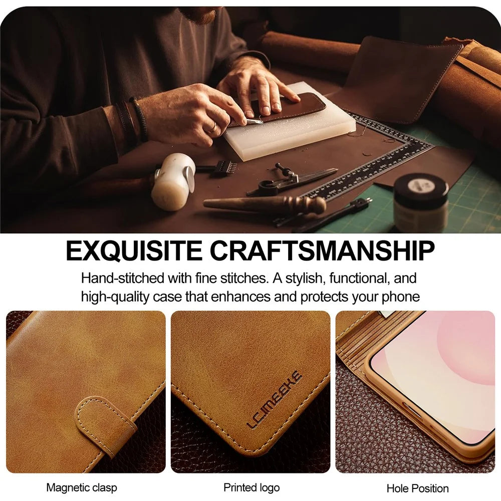 LC.IMEEKE For Samsung Galaxy S25 Edge Case Calf Texture PU Leather Stand Wallet Phone Cover - Yellow - 5