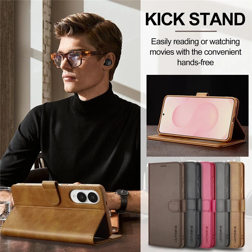 LC.IMEEKE For Samsung Galaxy S25 Edge Case Calf Texture PU Leather Stand Wallet Phone Cover - Yellow - 7