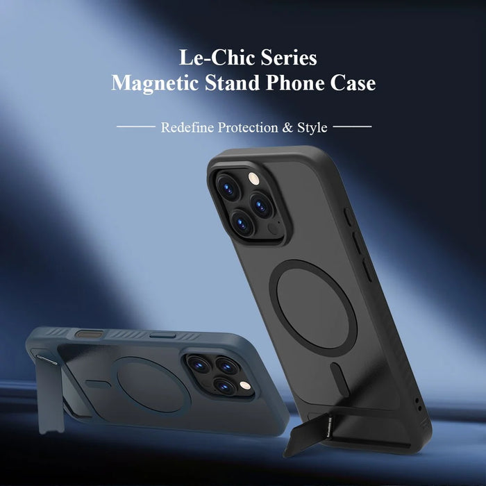 LEREACH Le-Chic Series For iPhone 16 Pro Max Case Compatible with MagSafe Kickstand TPU + PC Phone Cover - Black - 7