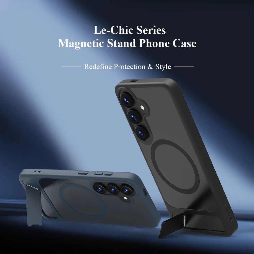 LEREACH Le-Chic Series For Samsung Galaxy S25 / S24 Case Magnetic Case Kickstand TPU + PC Phone Cover - Black - 7