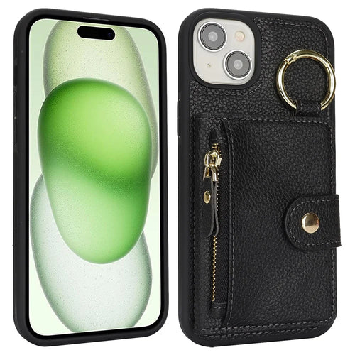 For iPhone 15 Plus / 14 Plus Case Litchi Textured PU Leather + TPU Kickstand Phone Cover with Card Slot - Black - 1