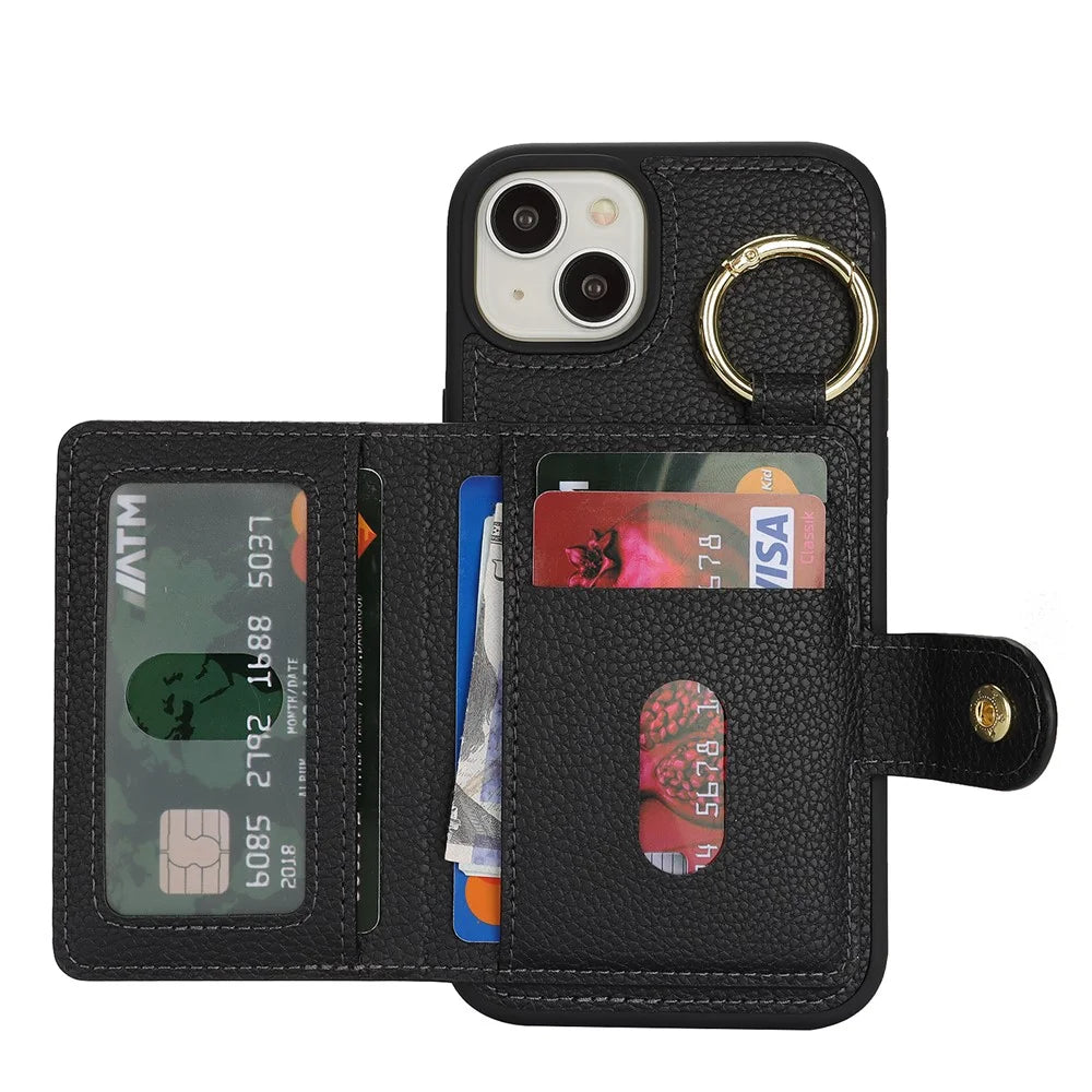 For iPhone 15 Plus / 14 Plus Case Litchi Textured PU Leather + TPU Kickstand Phone Cover with Card Slot - Black - 2