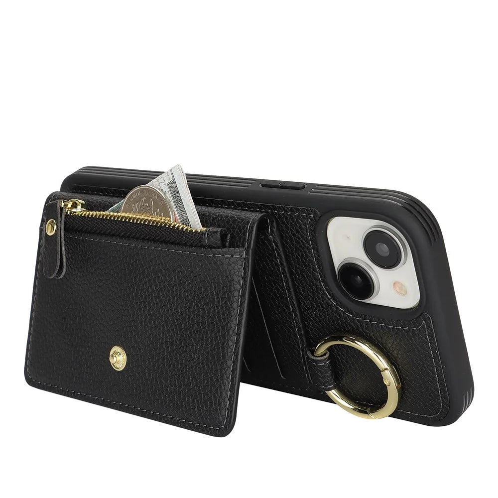 For iPhone 15 Plus / 14 Plus Case Litchi Textured PU Leather + TPU Kickstand Phone Cover with Card Slot - Black - 3
