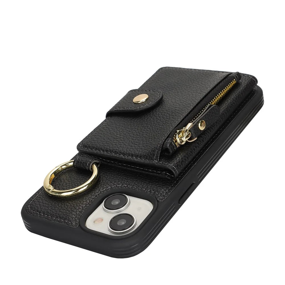 For iPhone 15 Plus / 14 Plus Case Litchi Textured PU Leather + TPU Kickstand Phone Cover with Card Slot - Black - 5
