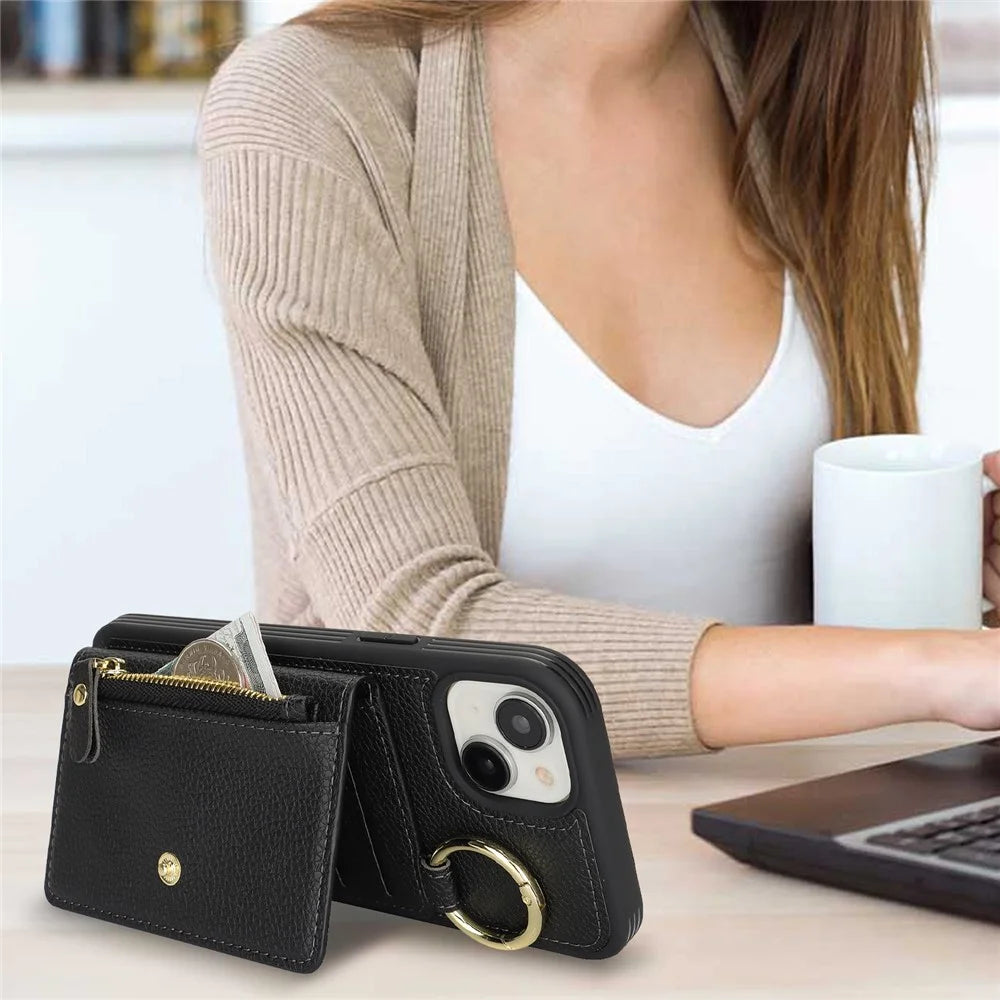 For iPhone 15 Plus / 14 Plus Case Litchi Textured PU Leather + TPU Kickstand Phone Cover with Card Slot - Black - 6