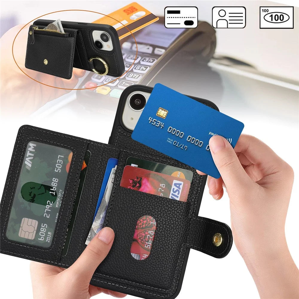 For iPhone 15 Plus / 14 Plus Case Litchi Textured PU Leather + TPU Kickstand Phone Cover with Card Slot - Black - 7