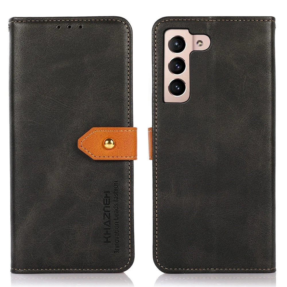 KHAZNEH Cowhide Texture Phone Case For Samsung Galaxy S23 PU Leather Magnetic Gold Buckle Wallet Stand Scratch-resistant Cell Phone Cover - Black - 1