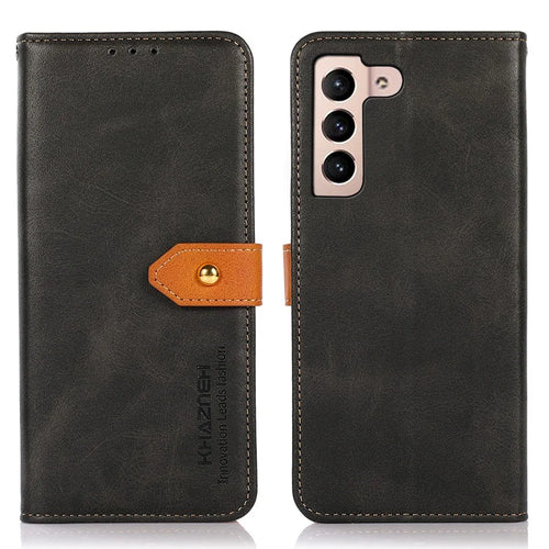 KHAZNEH Cowhide Texture Phone Case For Samsung Galaxy S23 PU Leather Magnetic Gold Buckle Wallet Stand Scratch-resistant Cell Phone Cover - Black - 1