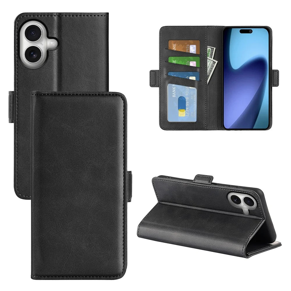 For iPhone 17 Case Calf Texture Leather Wallet Phone Cover - Black - 2