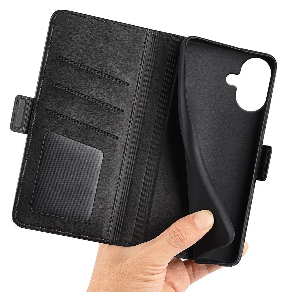 For iPhone 17 Case Calf Texture Leather Wallet Phone Cover - Black - 3