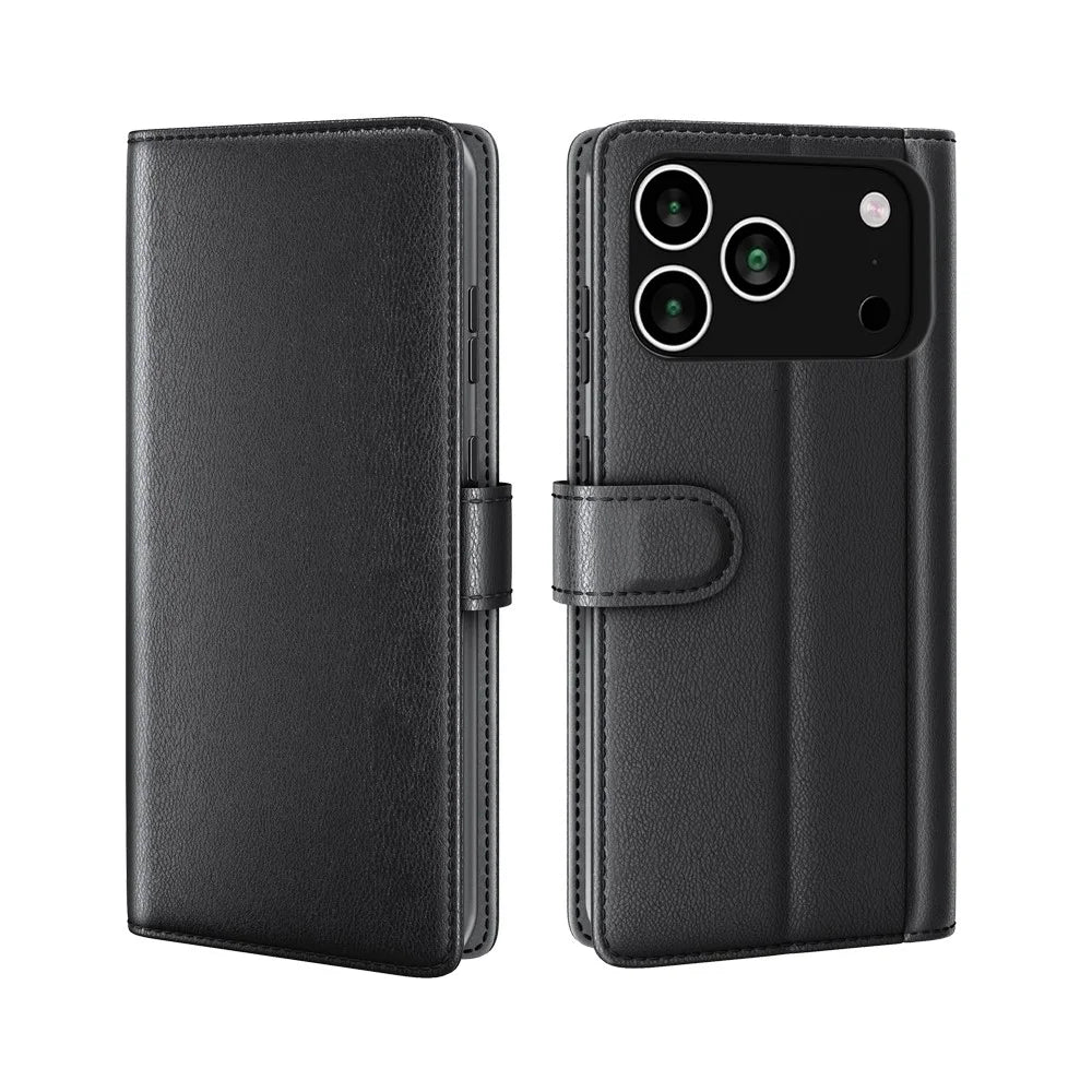 For iPhone 18 Pro / 17 Pro Case Genuine Split Leather Phone Cover with Wallet Stand - Black - 1