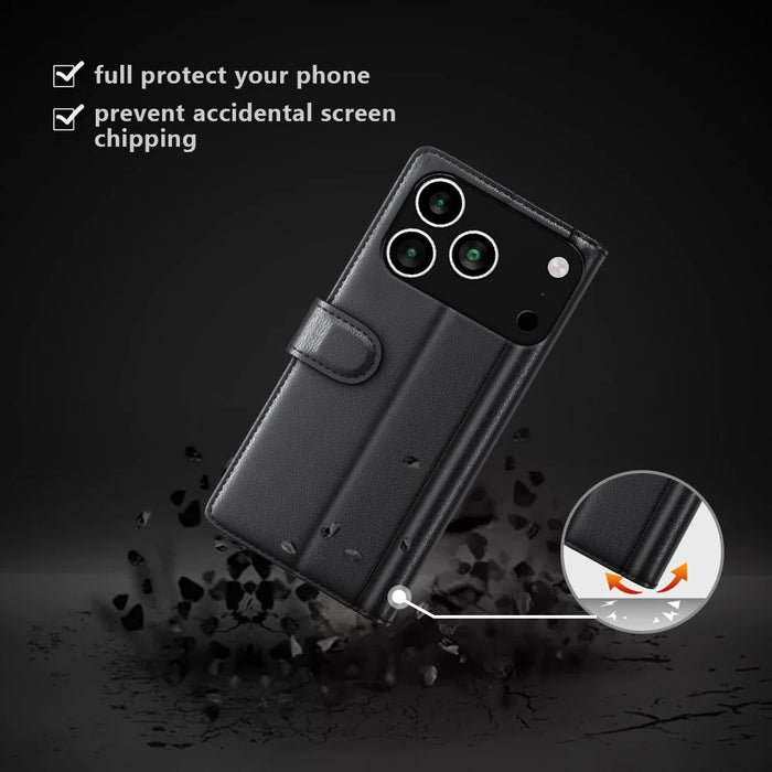 For iPhone 18 Pro / 17 Pro Case Genuine Split Leather Phone Cover with Wallet Stand - Black - 2