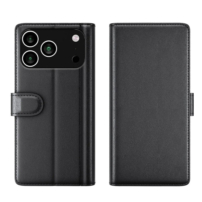 For iPhone 18 Pro / 17 Pro Case Genuine Split Leather Phone Cover with Wallet Stand - Black - 5
