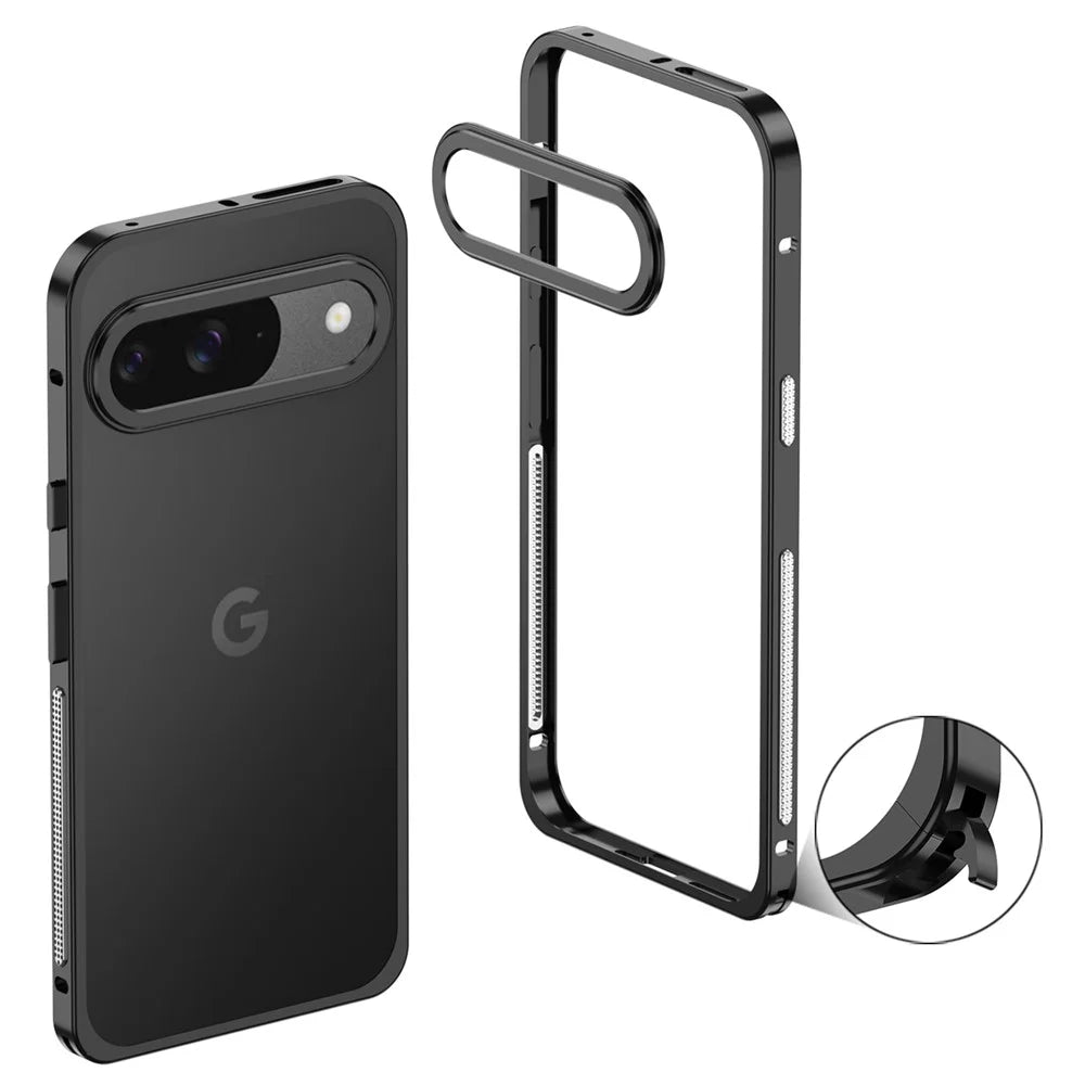 For Google Pixel 9 / 9 Pro Bumper Cases Metal Frame Heat Dissipation Cover with Lens Protector - Black - 1