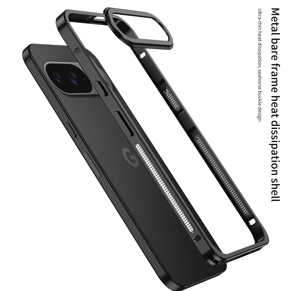 For Google Pixel 9 / 9 Pro Bumper Cases Metal Frame Heat Dissipation Cover with Lens Protector - Black - 3