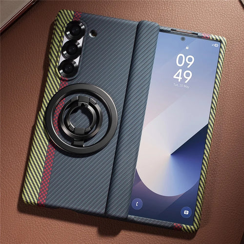 For Samsung Galaxy Z Fold5 5G Case Ring Holder Kickstand Hard PC Phone Cover with Screen Film - Blue - 1