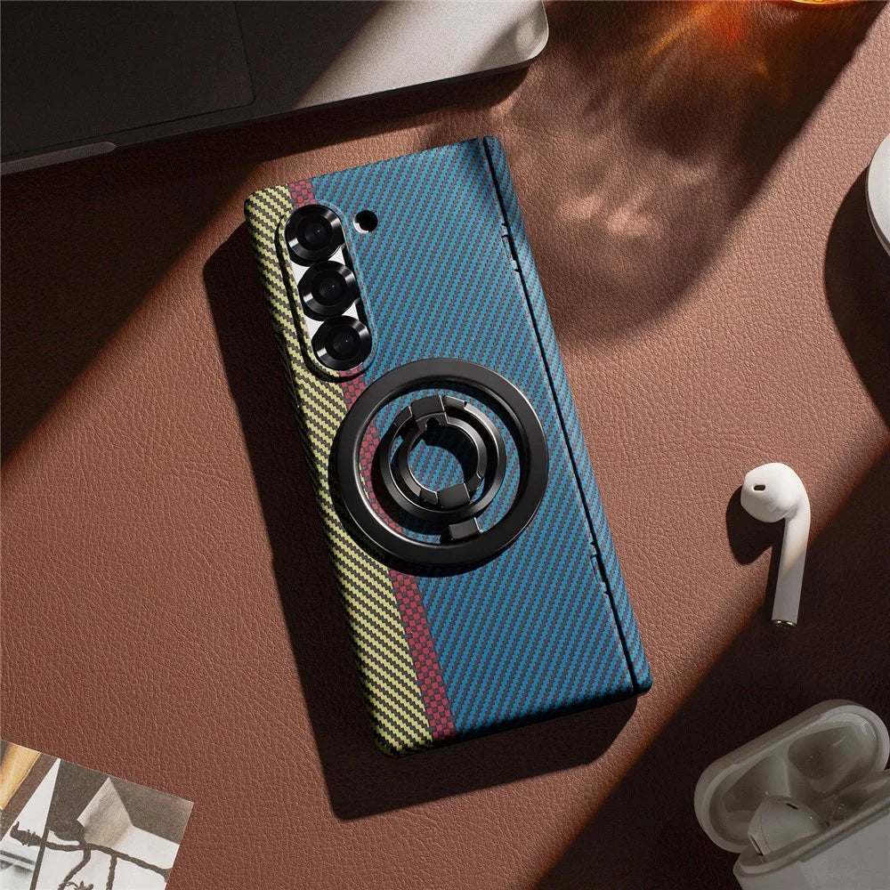 For Samsung Galaxy Z Fold5 5G Case Ring Holder Kickstand Hard PC Phone Cover with Screen Film - Blue - 2