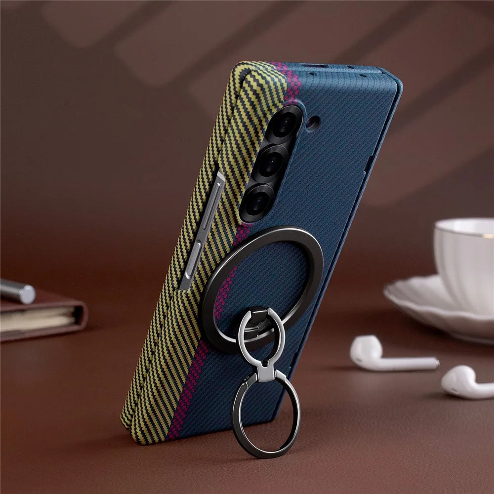 For Samsung Galaxy Z Fold5 5G Case Ring Holder Kickstand Hard PC Phone Cover with Screen Film - Blue - 3