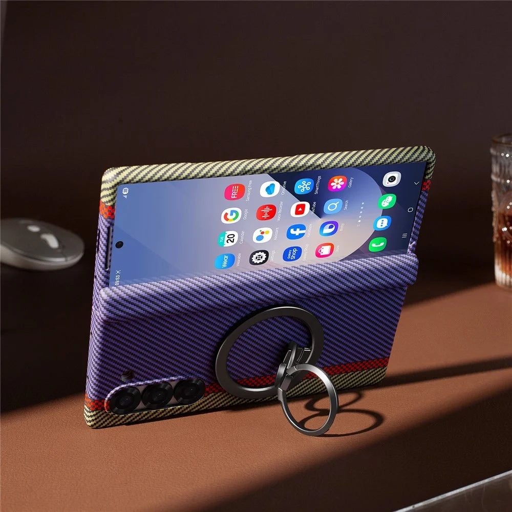 For Samsung Galaxy Z Fold5 5G Case Ring Holder Kickstand Hard PC Phone Cover with Screen Film - Blue - 5