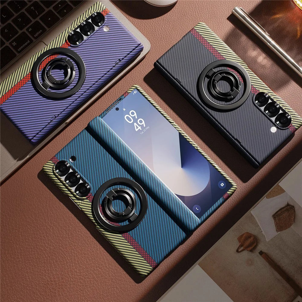 For Samsung Galaxy Z Fold5 5G Case Ring Holder Kickstand Hard PC Phone Cover with Screen Film - Blue - 6