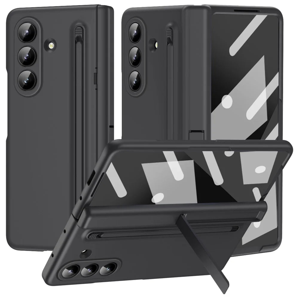 For Samsung Galaxy Z Fold7 5G Case Kickstand PC Phone Back Cover with Stylus and Tempered Glass Film - Black - 1