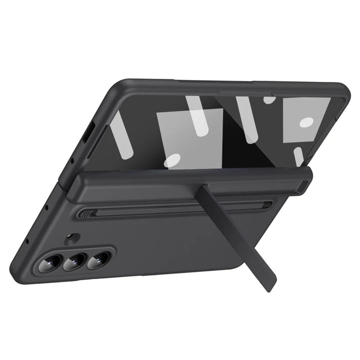 For Samsung Galaxy Z Fold7 5G Case Kickstand PC Phone Back Cover with Stylus and Tempered Glass Film - Black - 3