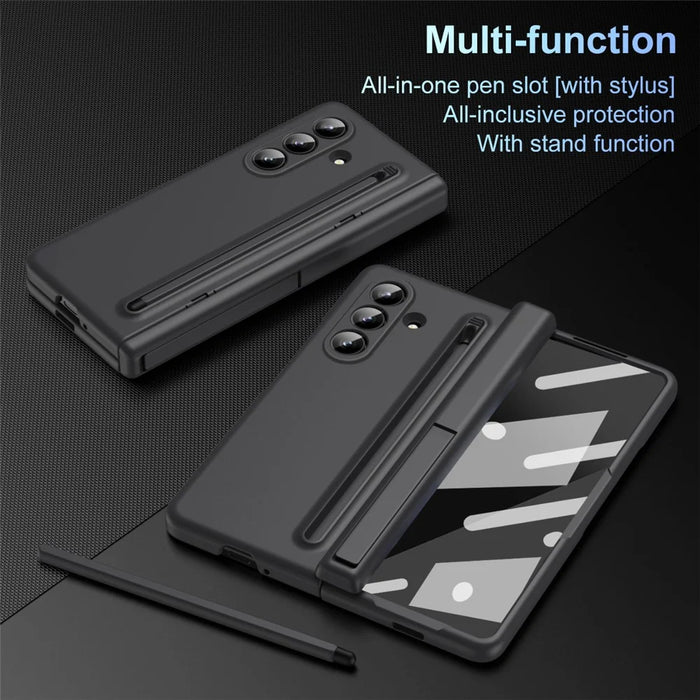 For Samsung Galaxy Z Fold7 5G Case Kickstand PC Phone Back Cover with Stylus and Tempered Glass Film - Black - 5