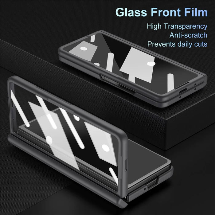For Samsung Galaxy Z Fold7 5G Case Kickstand PC Phone Back Cover with Stylus and Tempered Glass Film - Black - 6