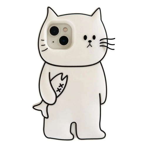 For iPhone 15 Silicone Case Cute White Cat Design Shockproof Phone Back Cover - 1