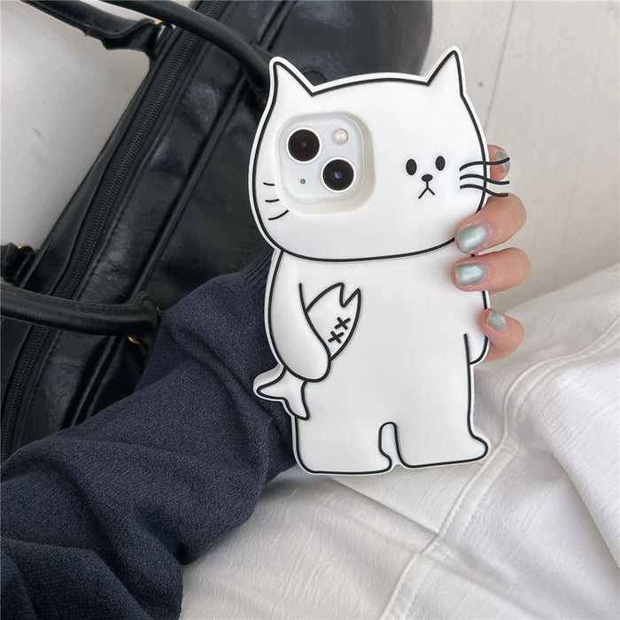 For iPhone 15 Silicone Case Cute White Cat Design Shockproof Phone Back Cover - 2